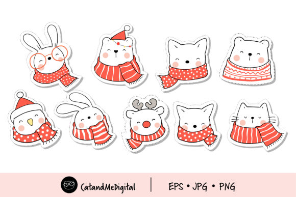 Adorable Festive Graphics: Doodle Sticker Cute Animal for Christmas