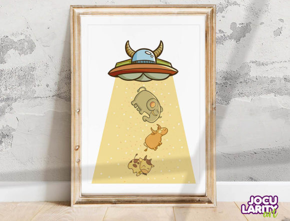 Cute Kawaii UFO Animal Wall Art: A Whimsical Design Asset
