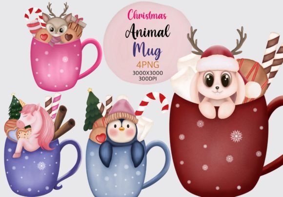 Watercolor Christmas Animal Mug PNG Clipart for Holiday Projects